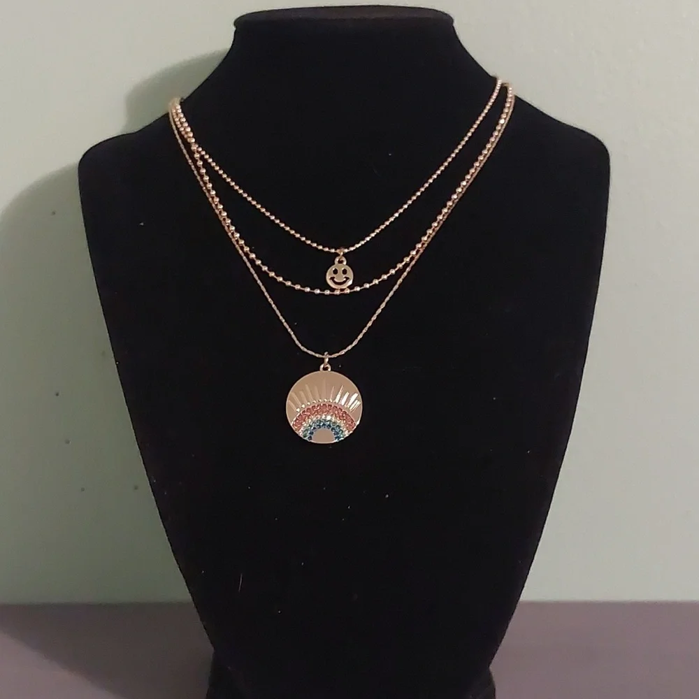 Gold Toned Three Strand Rainbow Smiley Face Ball Chain Necklace